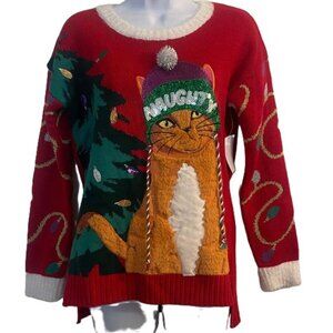Jollidays Holiday Cat Naughty Christmas Tree Ugly Sweater Women's XS Red‎